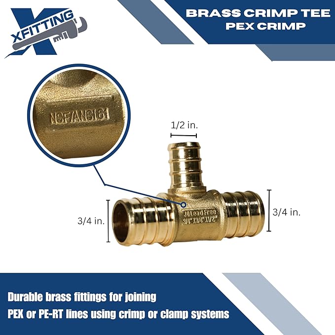 XFITTING 3/4 inch x 3/4 inch x 1/2 inch Pex Tee, Reducing Tee, Pex B Crimp Version, Brass, 25 Pieces