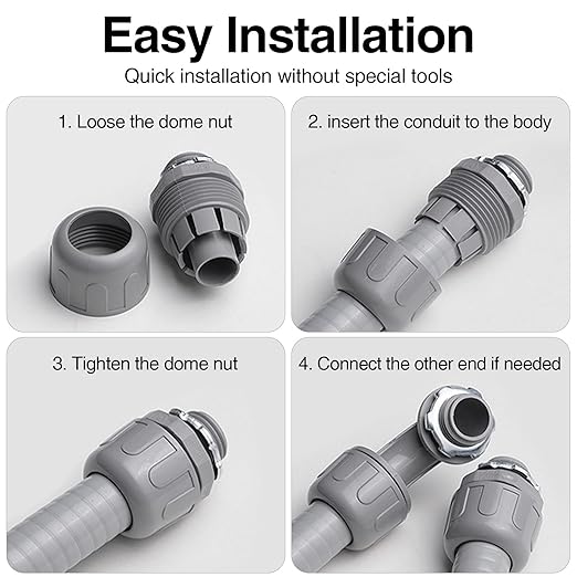3/4 Liquid Tight Connector - 10 Pack Liquid Tight Conduit 180 Degree PVC Electrical Conduit Fitting Non Metallic Straight Flexible Conduit Connectors for Indoor Outdoor Home, Kitchen, and Bathroom