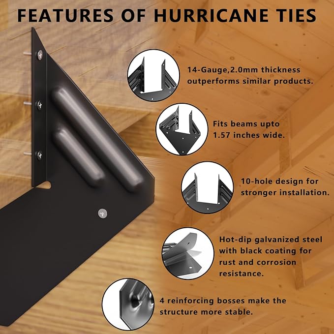 20pcs Hurricane Ties for Rafter, 14-Gauge Hurricane Straps Brackets Fit 2x4, 2x6 Truss to Rafter Connector, Hot Dip Galvanized Black Joist Hangers for Roofing Wood Timber, Hurricane Clips with Gloves