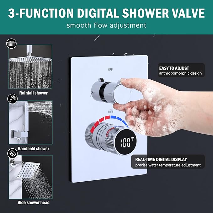 Shower Mixing Valve with Trim Kit, 3 Way Shower Diverter Digital Brass Valve Body Temperature Display Mixer for Shower Faucets, Chrome