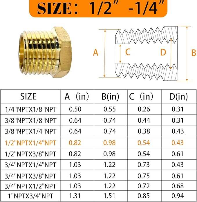 2 Pcs Brass Bushing 1/2" Male to 1/4" Female, 1/2" to 1/4" NPT Adapter Hex Brass Reducing Pipe Adapter Fitting Pipe Hose Tube Adapter Convert