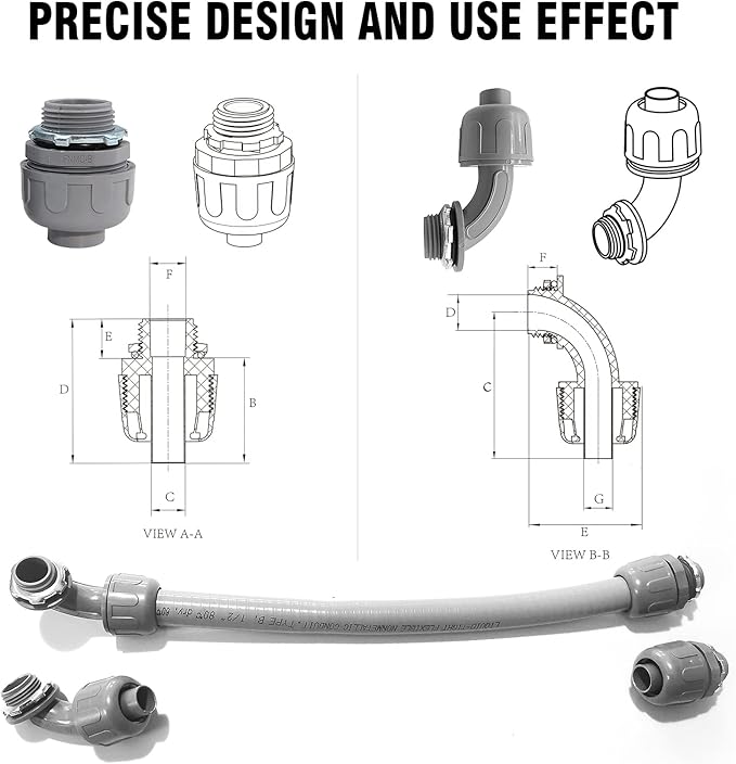 3/4" Liquid Tight Connector Non-Metallic Electrical Conduit Fittings, PVC Flexible Conduit Fittings, for Home Kitchen Bathroom Tube Tool Supplies UL Listed(Straight+90 Degree, 60 Pack)