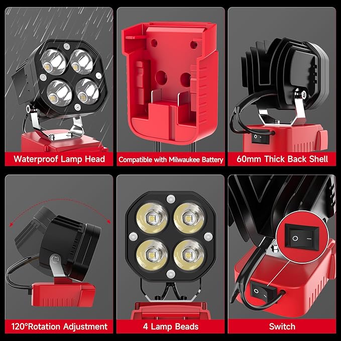 LED Work Light Compatible with Milwaukee 18V Battery, Azocek 40W 6000LM Flashlight, 18V Battery Cordless Work Light 120°Adjustable with Low Voltage Protection for Outdoors and Job Site Lighting