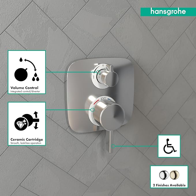 hansgrohe Ecostat E Modern Thermostatic Shower Valve Trim with Temperature Control and Diverter in Chrome, 15708001