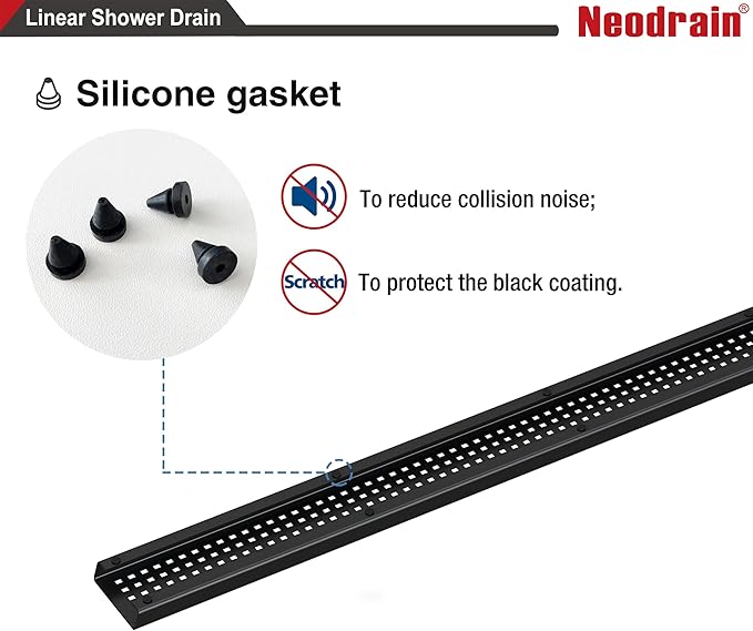 Neodrain 40" Black Linear Shower Drain with Removable Quadrato Pattern Cover, 304 Stainless Steel Rectangle Shower Floor Drains, Matte Black Linear Drain&Leveling Feet, Hair Strainer, CUPC Certified