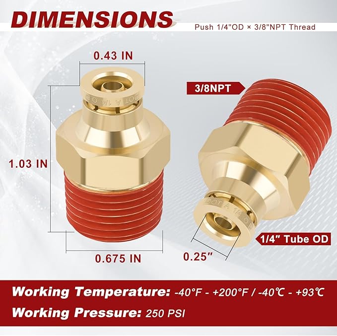 1/4" Quick Push to Connect Fittings Brass Union Straight Joint DOT Approved 1/4" Tube OD x 3/8" NPT Thread Air Line Adapter Air Suspension Kit for Truck Trailers and Air Brake System 4pcs