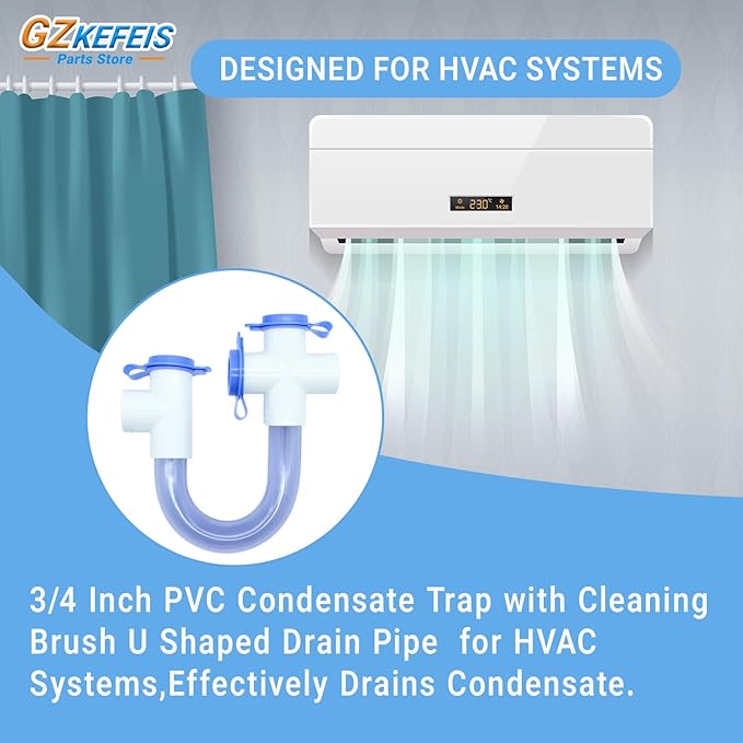 3/4 Inch PVC Condensate Trap ez trap hvac p trap with Cleaning Brush U Shaped Drain Pipe for HVAC Systems,，Effectively Drains Condensate 1PC