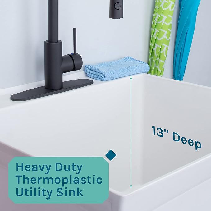 Utility Sink Extra-Deep Laundry Tub in White with High-Arc Coil Pull-Down Sprayer Faucet in Matte Black, Integrated Supply Lines, P-Trap Kit, Heavy Duty Floor Mounted Freestanding Wash Station