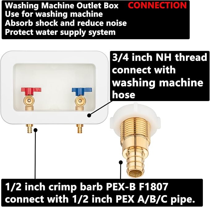 (1 Pack) Lidertik Washing Machine Outlet Box PEX-B with Center Drain, Inlet 1/2 inch PEX-B Crimp Barb F1807 x Outlet 3/4 inch NH Thread LI-XYJH-520-LK