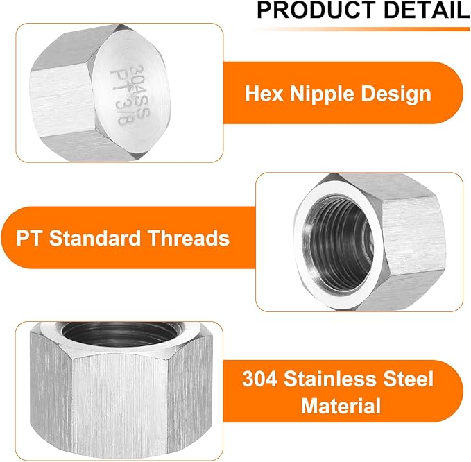 uxcell 4pcs Hex End Cap 304 Stainless Steel Nut with Washer, PT 3/8" Female Thread Pipe Fitting, Gas Line Water Line Stop Valve Cap Tubing Ends for Plumbing Fittings, Silver Tone