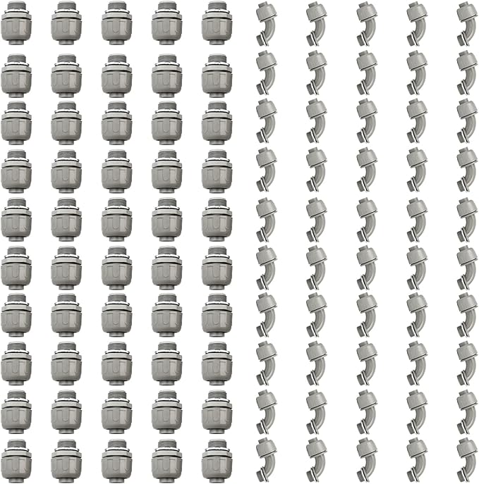Conduit Connectors, 3/4 Inch Liquid Tight Connector NPT Non-Metallic for PVC Electrical Flexible Conduit Fittings, 50 Straight and 50 Angle 90 Degree, UL Listed, Grey (100-Pack)