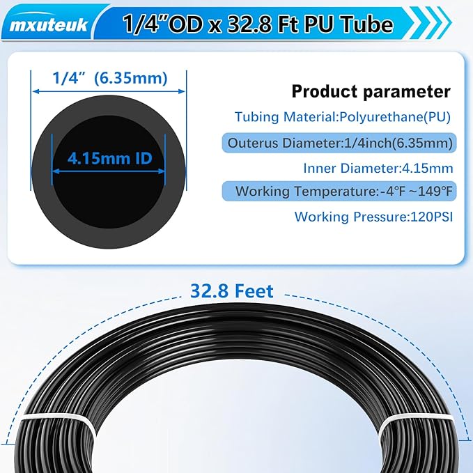 mxuteuk 1/4" Air Line Tubing Kit,1/4" Air Hose Kit,1/4 Inch(6.35mm) OD x 32.8 Feet PU Tube with Push to Connect Fittings(15PCS)