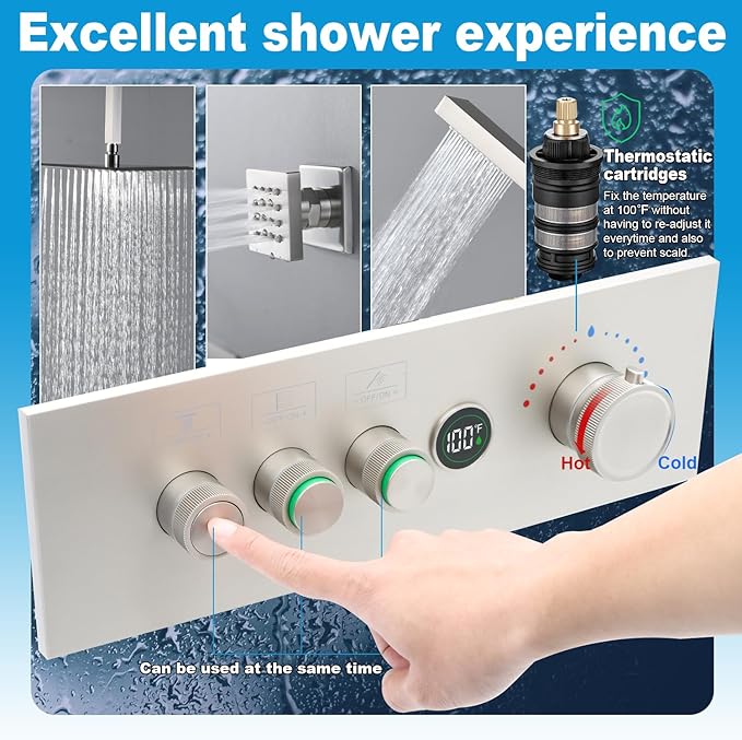 Enga 3-Function Shower Mixing Valve, Temperature Display Push-Button Thermostatic Valve with Flow Volume Control, Brushed Nickel