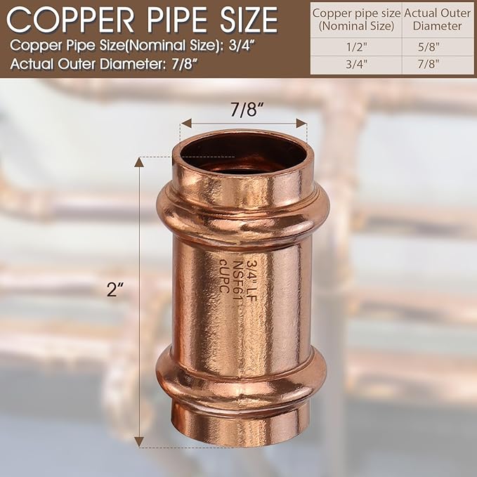 12PK Copper Press Fittings 3/4 inch Coupling with Stop Zero Lead P x P,3/4" Copper Coupling with Stop for Residential,Commercial Plumbing,Outer Diameter 7/8”,Use with Hydraulic Press Fitting Tool