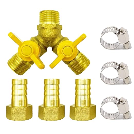 Brass 3 Way Shut-Off Valve, 5/8" Hose Barb 2 Switch Y Shaped Ball Valve Water/Fuel/Air