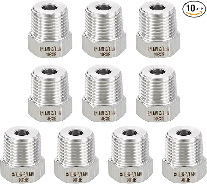 METALLIXITY 10PCS 1/2" Male NPT x 1/8" FeMale NPT Thread 304 Stainless Steel Hex Bushing Extension Tube Adapters Convert for Water Tub Spout/Shower