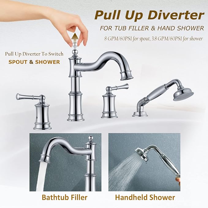 Roman Bathtub Faucet Set With Hand Shower 4 Hole Deck Mount Tub Filler With Diverter, 2 Lever Handle Rough-in Valve and Water Supply Lines Included for Bathroom Tub, Chrome
