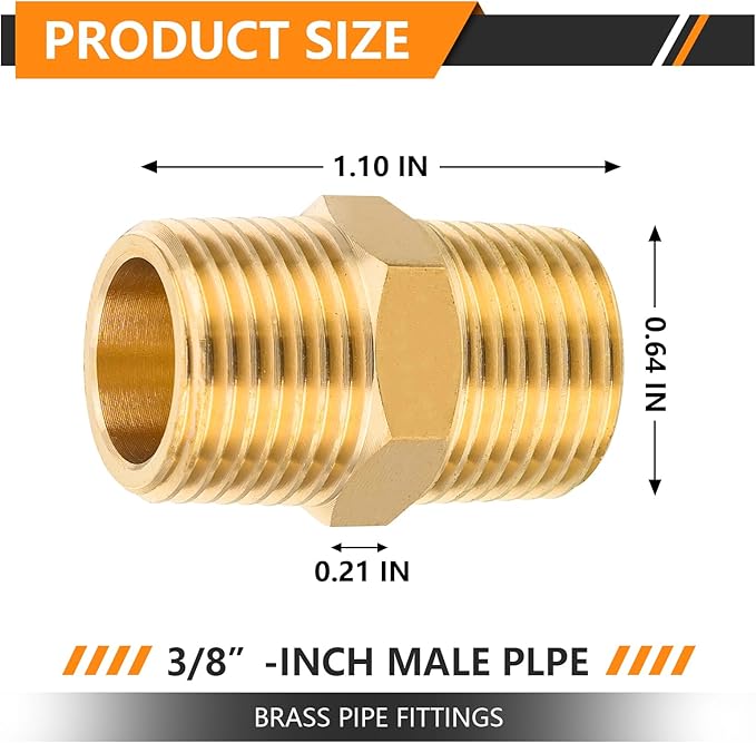 50-PCs HeSun Brass Hex Nipple Pipe Fitting, 3/8" NPT Male x 3/8" NPT Male Nipple Pipe Adapter, NPT012-50