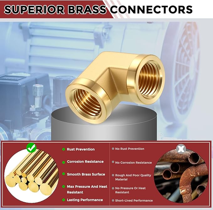 Pack of 5, 90 ° 1/4" NPT FeMale to 1/4" NPT FeMale Solid Brass Barstock Street Elbow, Forged Pipe Fitting for Pipe Leak Repair, Bathroom Remodeling, Tool Extension, Compression