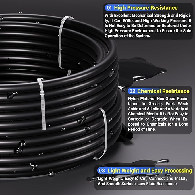 TAILONZ PNEUMATIC Black DOT 1/4''OD 10 Meter 32.8ft Nylon Air Tubing Kit Pipe Hose Air Line Tubing Air Hose Fittings Push to Connect Fittings(41PCS)