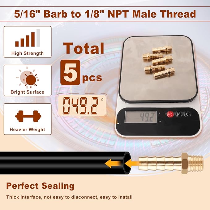 5pcs Brass Hose Barb Fittings 5/16 Inch Barb to 1/8 Inch NPT Male Thread Air Hose Fittings Adapter Connector Water Fuel Air Line Fittings 5/16” × 1/8” NPT Brass Fittings