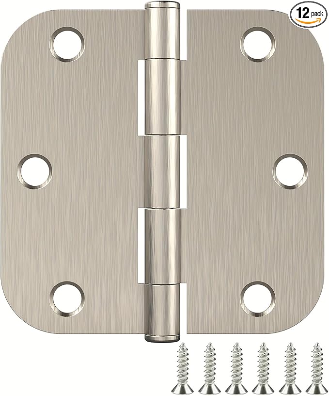 12 Pack Rounded Satin Nickel Door Hinges, 3.5 x 3.5 Inch Hinges with 5/8" Radius Corners, Durable and No Squeak Hinges, for Home Interior, Exterior Doors and Commercial Use