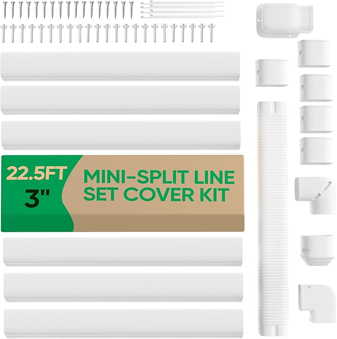 3" 22.5Ft Mini Split Line Set Cover, PVC Ductless Air Conditioner Decorative Pipe, Pump Covers, AC Line Cover Kit, for Outside Units Air Conditioners & Heat Pumps, All in One Set
