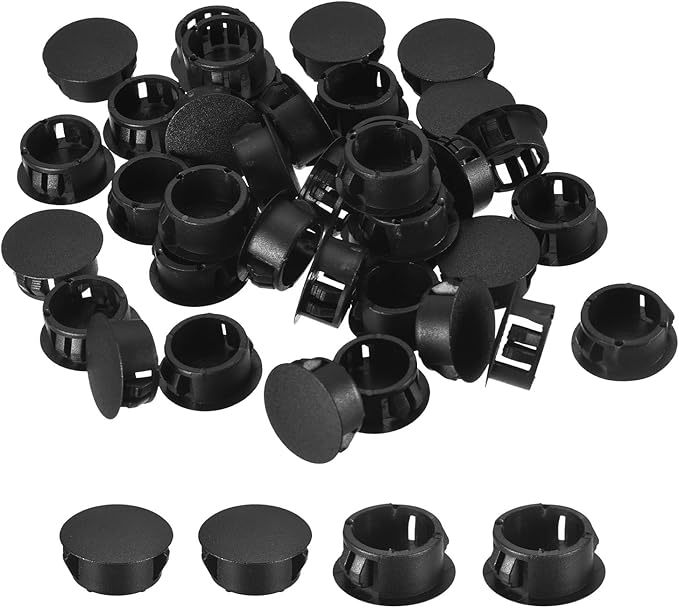 uxcell 23/32" Plastic Hole Plugs, 110Pcs Flush Type Panel Round Snap in Fastener Knockout Locking Plugs for Furniture Insert End Caps Panels, Black