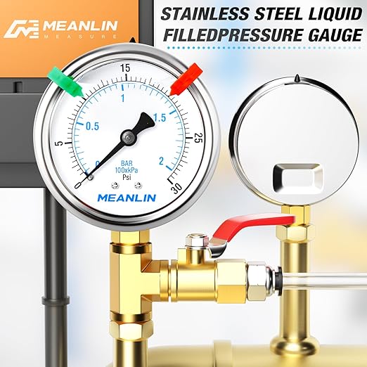 MEANLIN MEASURE 0~30Psi Liquid Filled Pressure Gauge 1/4" NPT 2.5" FACE DIAL Stainless Steel Glycerin Filled WOG Water Oil Air Lower Mount (with 2PCS Snaps)