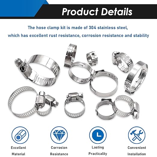 200Pcs 19 Sizes 304 Stainless Steel Single Ear Hose Clamp with Ear Clamp Pincer 5.3-33.1mm & Adjustable 1/4Inch - 2Inch(6-51mm) Hose Clamp Assortment Kit for Automotive, Plumbing, Fuel Line
