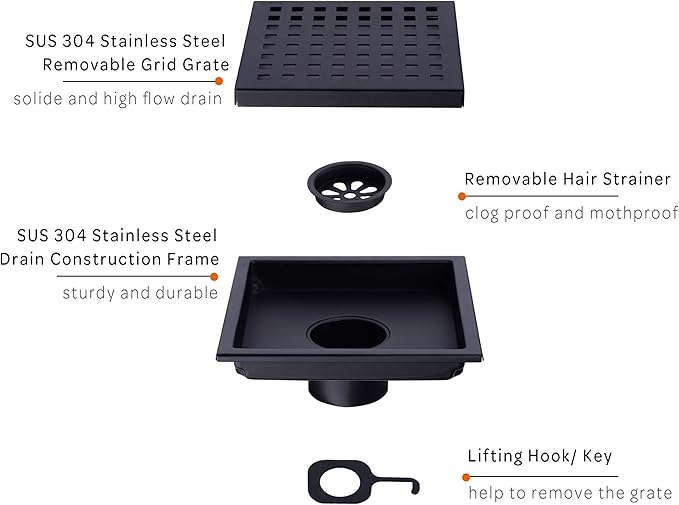 6 inch Stainless Steel Shower Floor Drain with Removable Grid Cover, Black