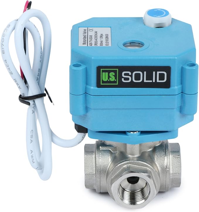 U.S. Solid 3/8" 3 Way Stainless Steel Motorized Ball Valve L Type AC/DC9-24V, Water Shutoff Valve with Manual Function, Standard Port