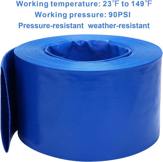Lay-Flat Pool Backwash Hose - 4" x 50Ft Reinforced Heavy Duty PVC Discharge Hose Weather-Proof Vinyl Pool Drain Hose for Water Transfer with 2 clamps
