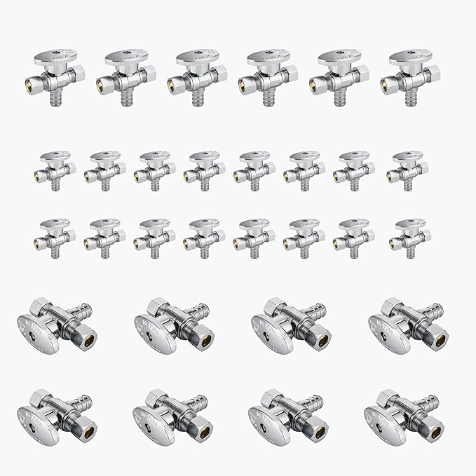 30-Pack GUOFIS PEX Angle Stop Valve with Dual Compression Outlet,1/2" PEX Crimp Inlet x (3/8" x 3/8") Outlet Shut-off Valves(1/4 Turn,Chrome)(VALVE125-30Pack)