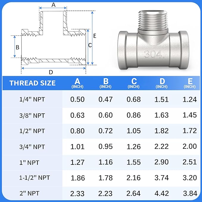 ChillWaves 304 Stainless Steel Pipe Fitting, Male Branch Tee 2" NPT Female x 2" NPT Male x 2" NPT Female Thread Adapter(1-PACK)