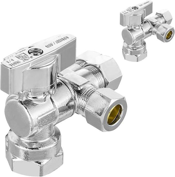 50-PCs HeSun Quarter-Turn Angle Stop Valve, 1/2" FIP x 3/8" OD Comp x 3/8" OD Comp, Dual Compression Outlet Shut Off Valve, PEX Chrome Plated Brass(VALVE209-50)