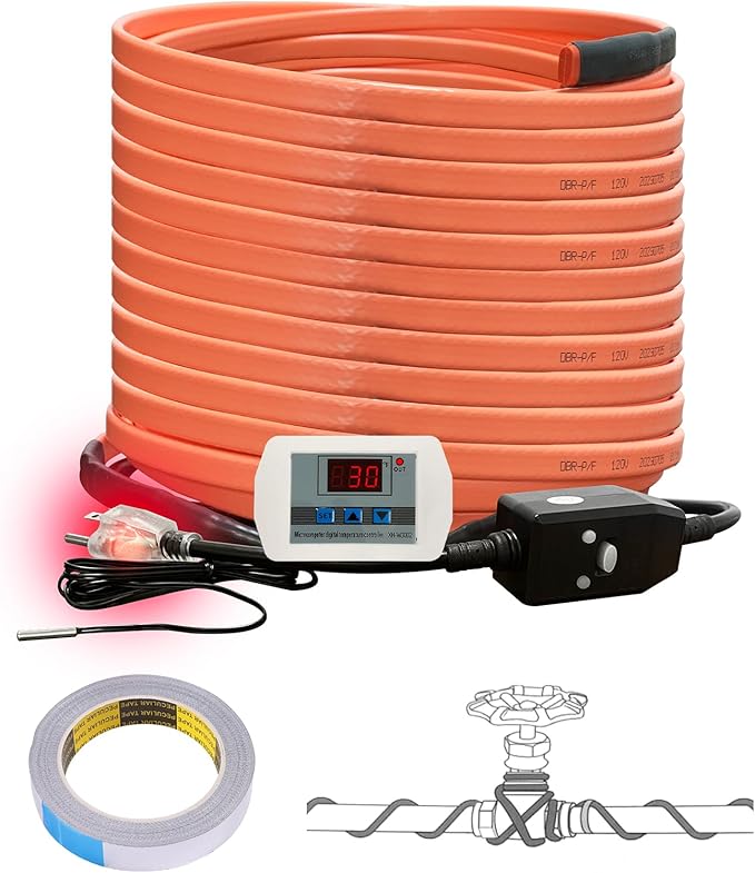 Cupohus Heat Tape for Water Pipes with Digital Display Thermostat 100FT, Freeze Protection Self-Regulating Heat Trace Cable for Metal, Plastic Home Pipes, Roof and RV, 110-120V