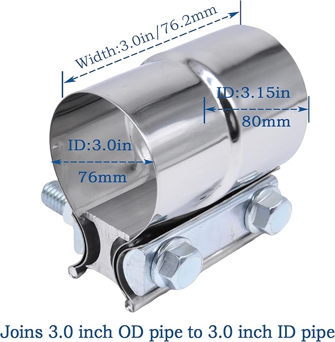 Exhaust Pipe Clamp 3.0 Inch Butt Joint Exhaust Clamp for 3" ID to 3" OD Pipe with Seal Band Clamp Sleeve 3 Inch Width 304 Stainless Steel (2PCS)