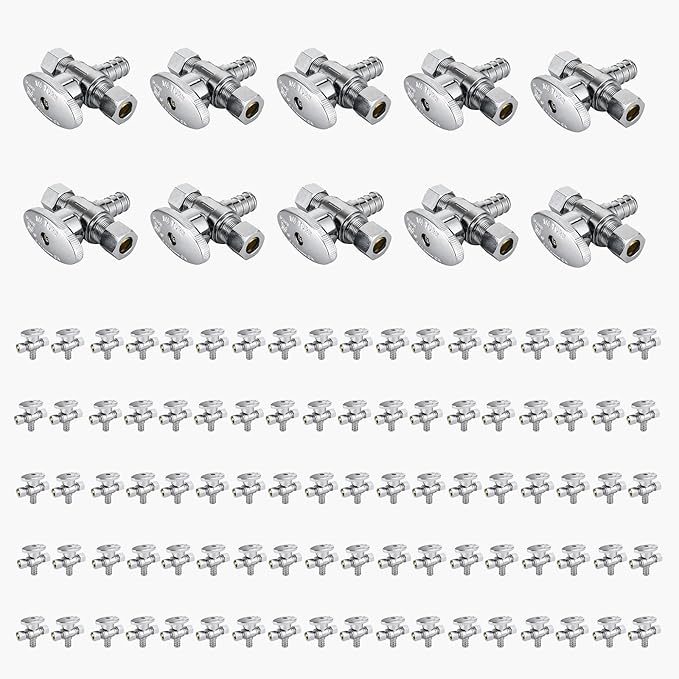 100-Pack GUOFIS PEX Angle Stop Valve with Dual Compression Outlet,1/2" PEX Crimp Inlet x (3/8" x 3/8") Outlet Shut-off Valves(1/4 Turn,Chrome)(VALVE125-100Pack)