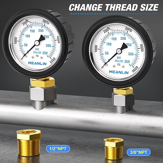 MEANLIN MEASURE 0~5000Psi Stainless Steel 1/4" NPT 2.5" FACE DIAL Liquid Filled Pressure Gauge, Lower Mount (with Rubber Protective Sleeve), with 1/2" NPT and 3/8" NPT Hex Bushing