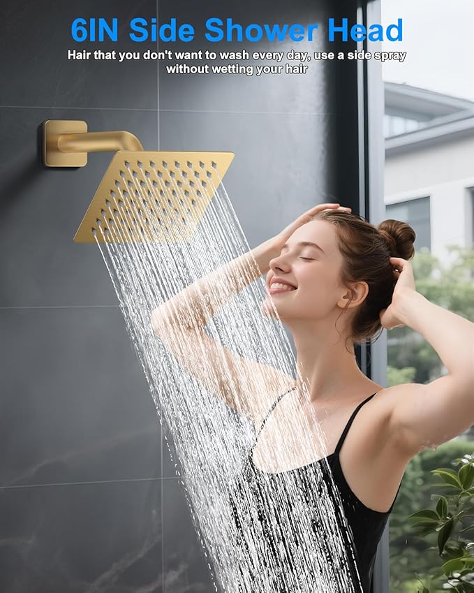 Shower System with Pressure Balance Valve, 12" Ceiling Mount Shower Faucet Set with 2 Rain Shower Head And Multi-function Handheld Head Push Button Diverter Pressure Balancing Valve Kit, Brushed Gold