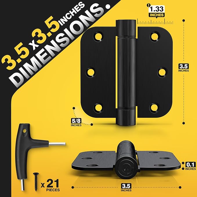 KOLET Self Closing Door Hinges, 3.5 x 3.5 Inches Door Hinges with Auto Close, 5/8" Radius Corners Spring Hinges, Commercial Grade Stainless Steel, No-Pin Installation, Matte Black, 3 Pack