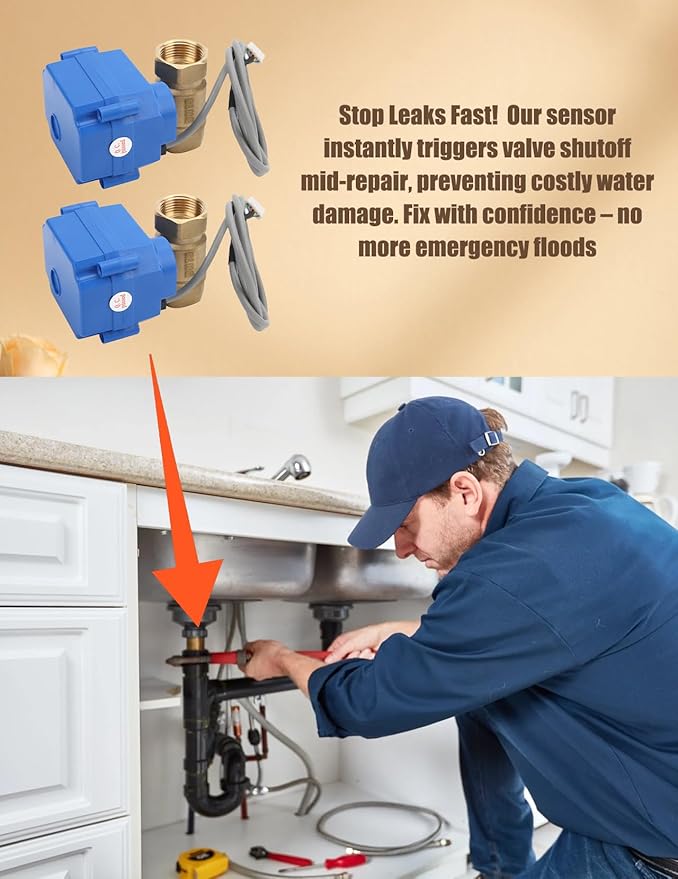 Water Leak Shut Off Valve System for 1/2 Inch Pipes, Dual BSP Valves with Alarm & Visual Alerts, Protection for Laundry, Water Heaters, Bathrooms