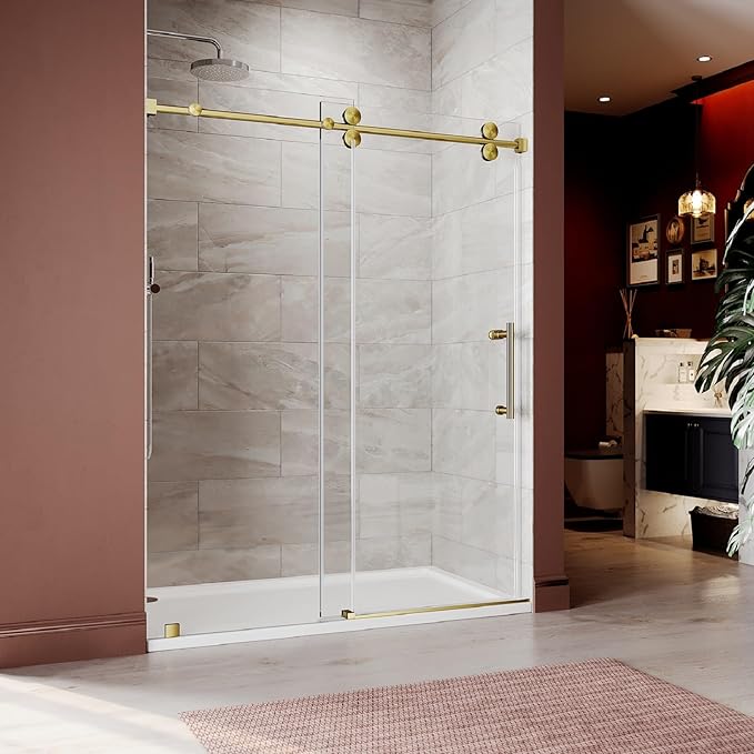 56-60 Inch x 76 Inch Sliding Frameless Shower Door, 3/8" Tempered Glass with Easy-Cleaning Coating, Stainless Steel Rollers & SGCC-Certified Stability, Satin Brass