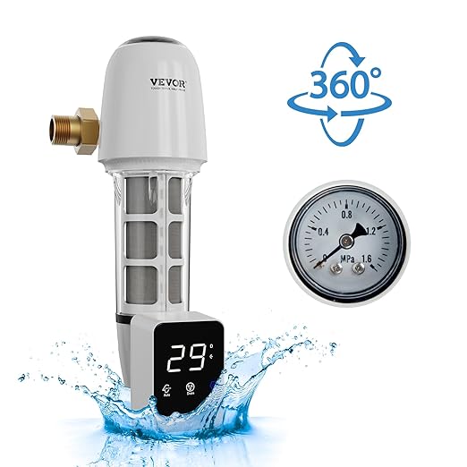 VEVOR Auto Flush Sediment Filter, 36 GPM Spin Down Water Filter with Touch Screen, 6Th Gen Backwash System, Bi-Side Scraper, 360° Install Whole House Pre Filter, Pressure Gauge, 1" MNPT, 3/4" FNPT