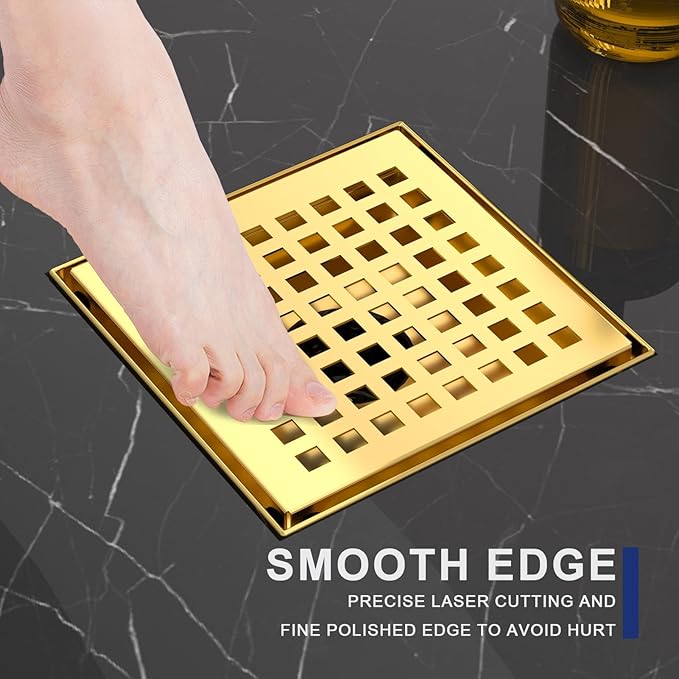 4 Inch Square Shower Drain | Brushed Gold Shower Drain with Flange, Hair Strainer & Removable Grid Cover, AISI 304 Stainless Steel Shower Floor Drain, in Bathroom, Kitchen, Balcony etc