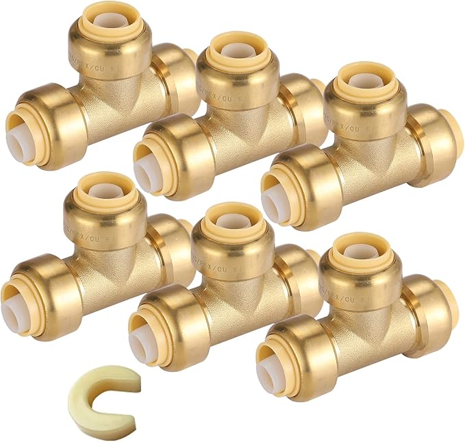 3/4" Pushfit Tee,6 Pack PEX Brass Push-fit Tee with 1 Pack Disconnect Clip, Push-to-Connect Plumbing Fittings for PEX, Copper, CPVC