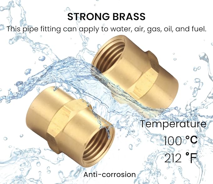 Brass Coupling 1/2 Inch NPT Female x 1/2 Inch NPT Female Hex Head Pipe Fitting, (Pack of 2), Compressor connector, fnpt to fnpt Coupler, Air Hose Adapter Brass Fittings, Thread 0.75" ID to 0.75" ID