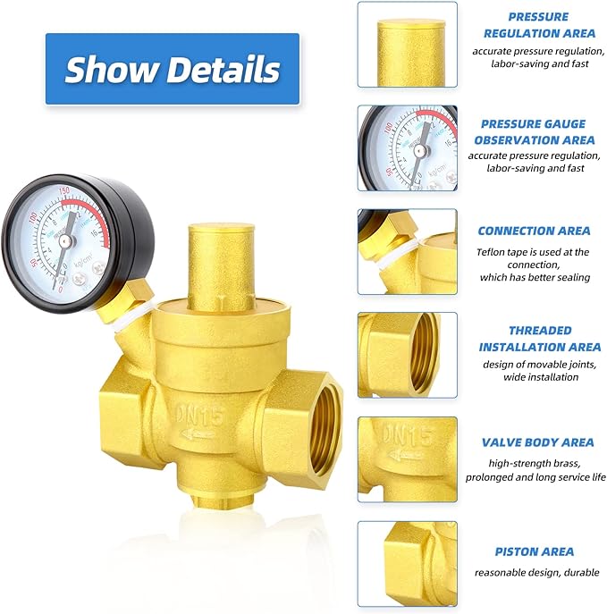 MEANLIN MEASURE 1/2 inch brass Water pressure regulating valve, pressure regulating valve, pressure reducing valve, DN15, with 0-220PSI pressure gauge