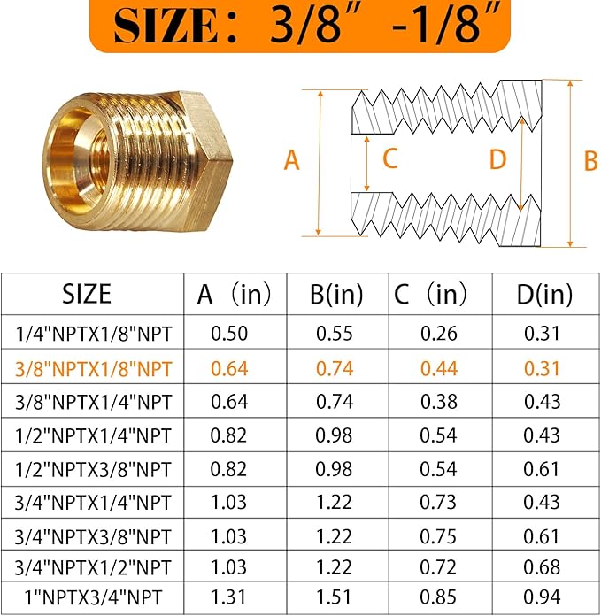 2 Pcs Brass Bushing 3/8" Male to 1/8" Female, 3/8" to 1/8" NPT Adapter Hex Brass Reducing Pipe Adapter Fitting Pipe Hose Tube Adapter Convert